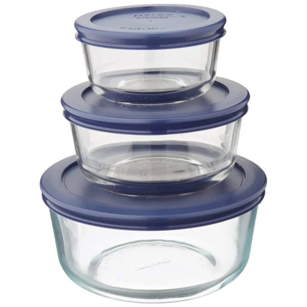 Pyrex Simply Store 6pc Round Glass Food Storage Container Set with Blue Lids