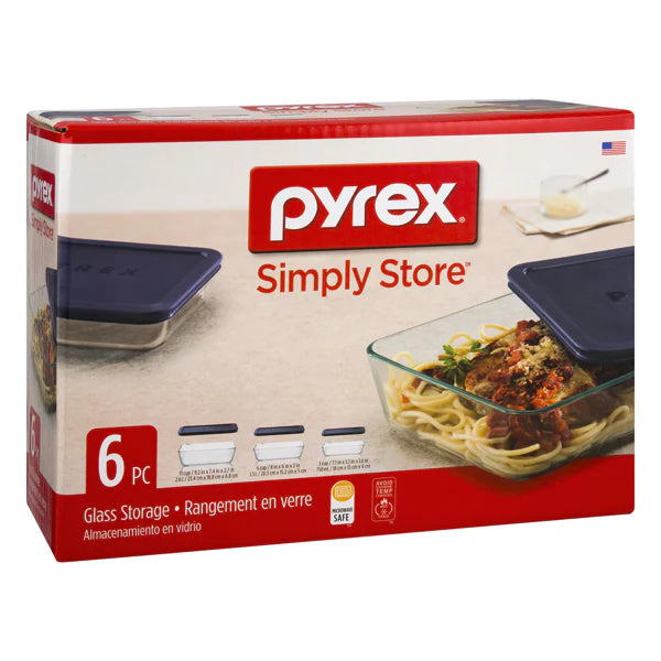 Pyrex Simply Store 6pc Rectangular Glass Food Storage Container Set with Blue Lids