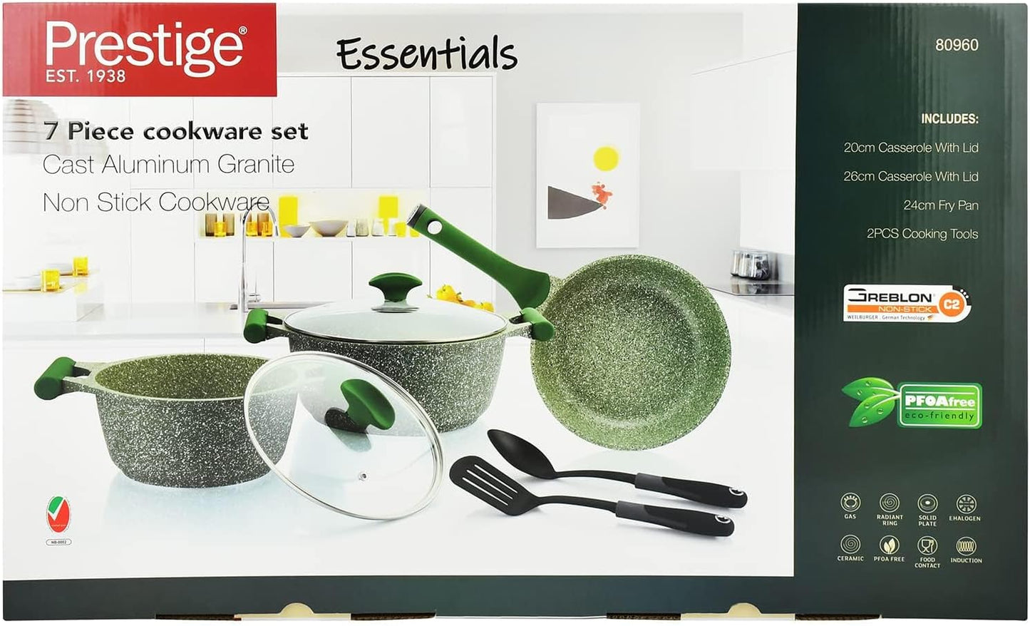 Prestige Essentials Granite Cookware 7pcs Set- Green