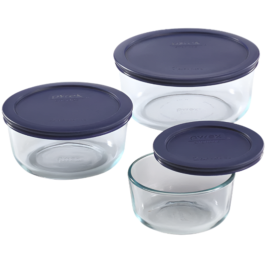 Pyrex Simply Store 6pc Round Glass Food Storage Container Set with Blue Lids