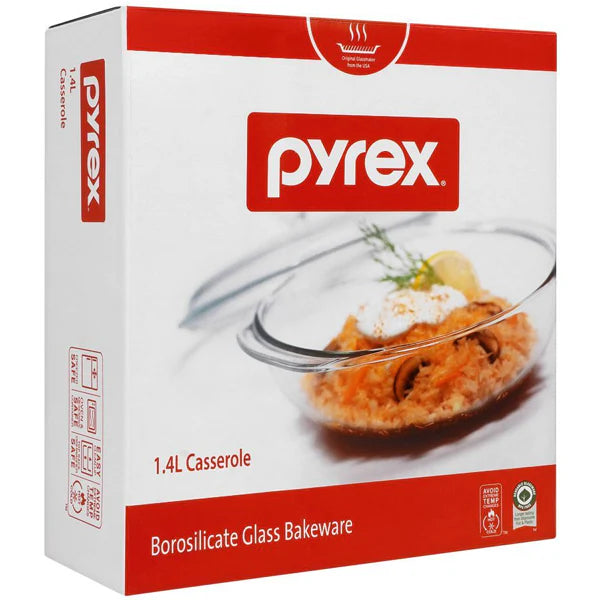 Pyrex 1.4L Round Casserole with Lid- Borosilicate Glass Bakeware